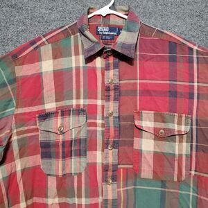 Vtg Polo by Ralph Lauren Madras Plaid Patch Linen Blend Button Up Shirt Mens XL